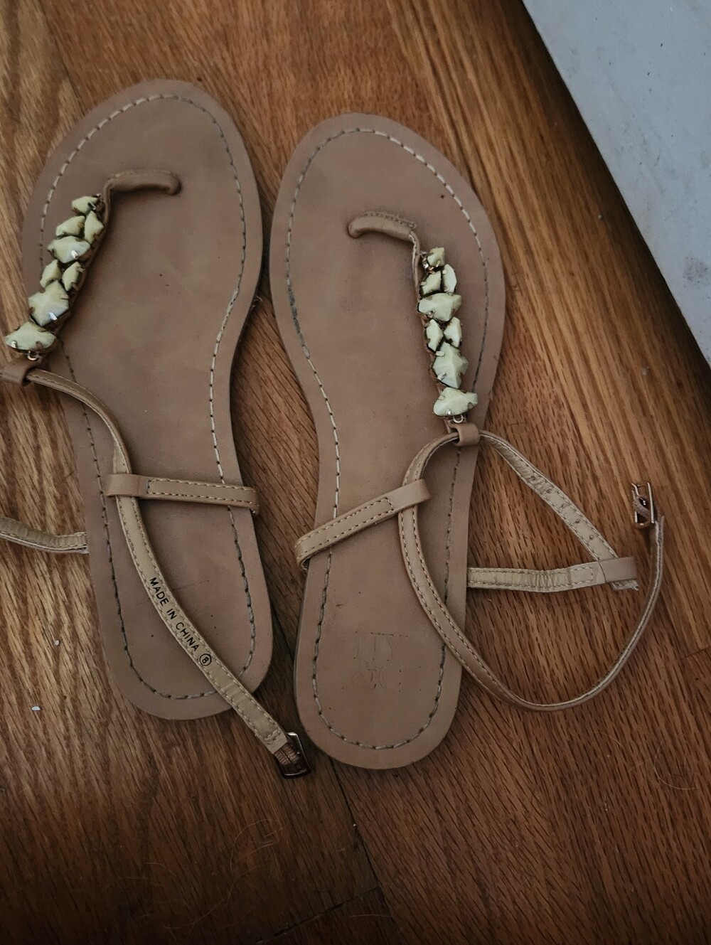 New York & Company Tan Beaded T-Strap Sandals